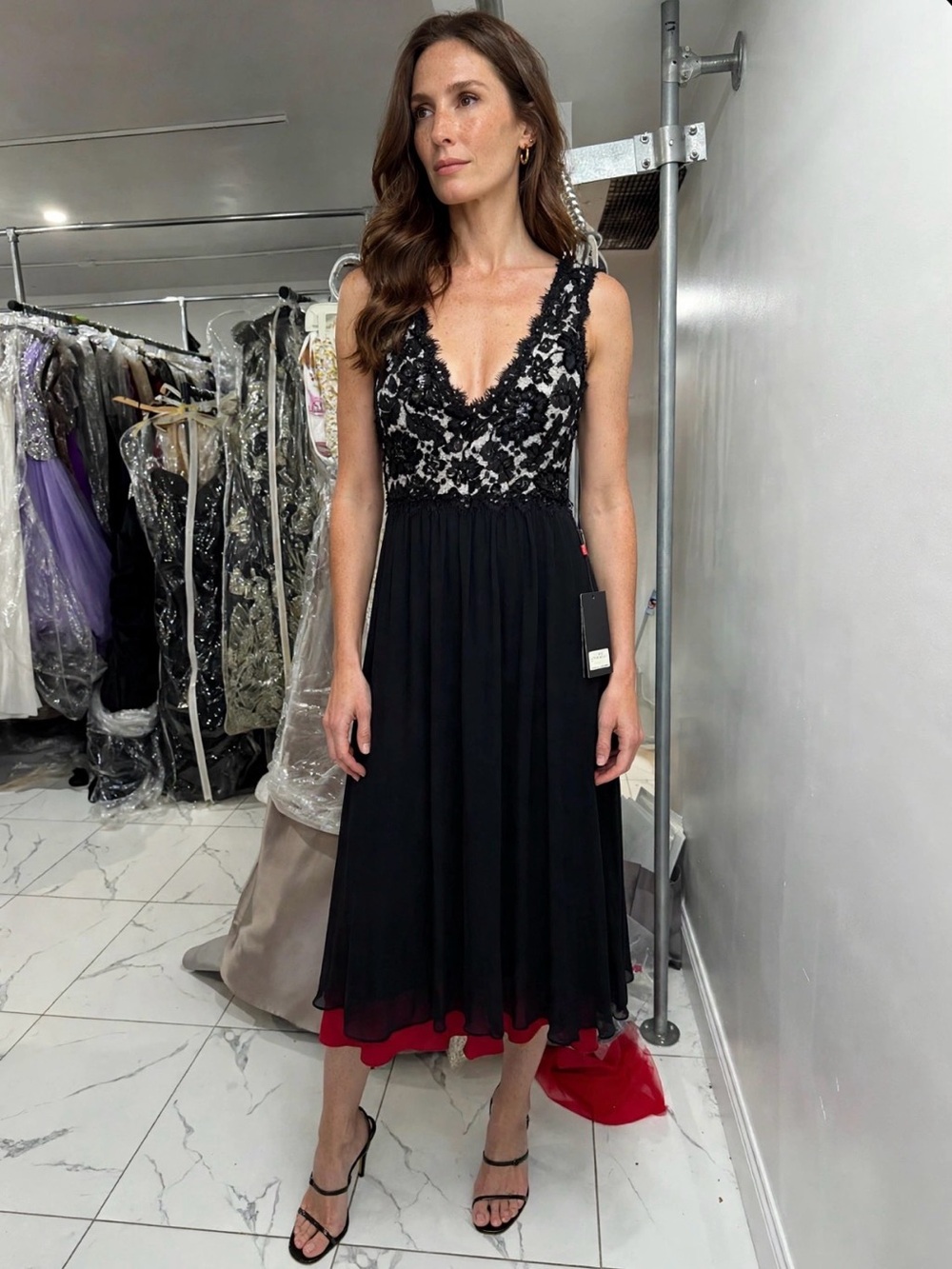 Sleeveless Black Lace-Top Midi Dress with Red Underskirt